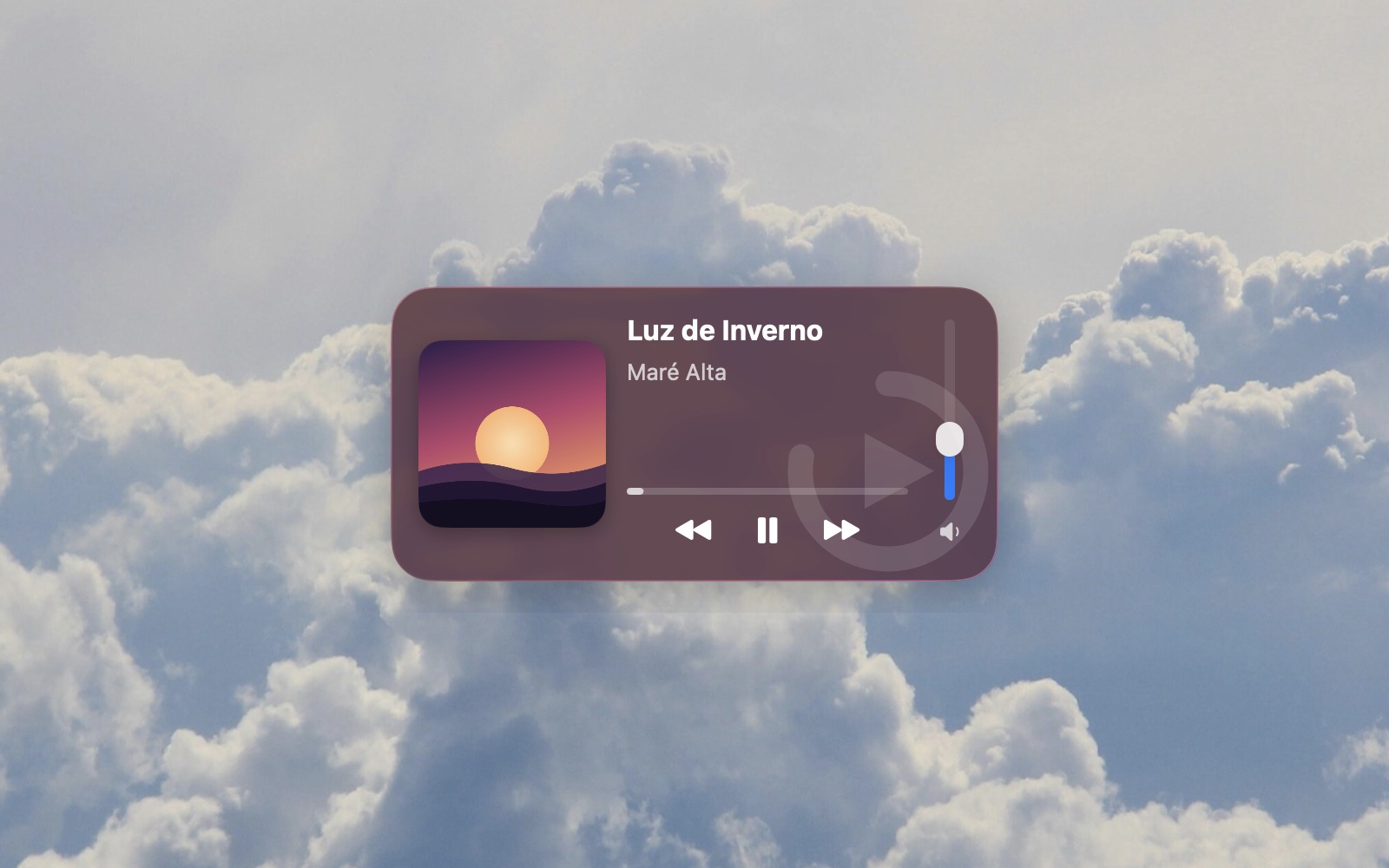 O widget do WidPlayer na mesa do macOS, com capa, título, artista, barra de progresso, controles de reprodução e volume.