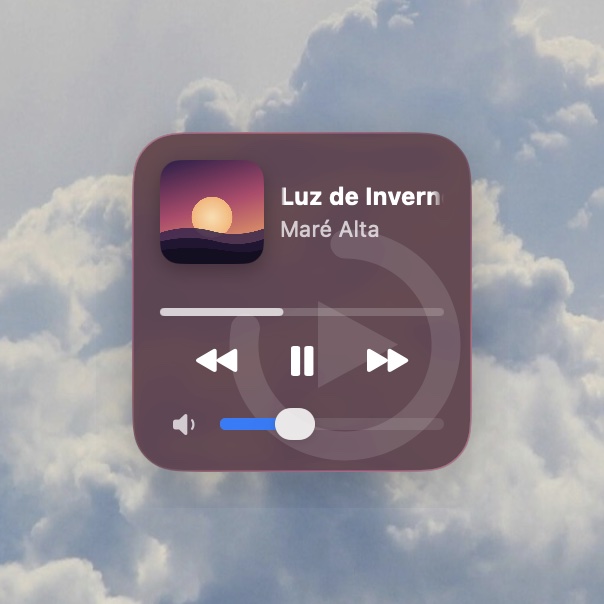 Widget no formato compacto 1×1, com capa em miniatura e volume horizontal.